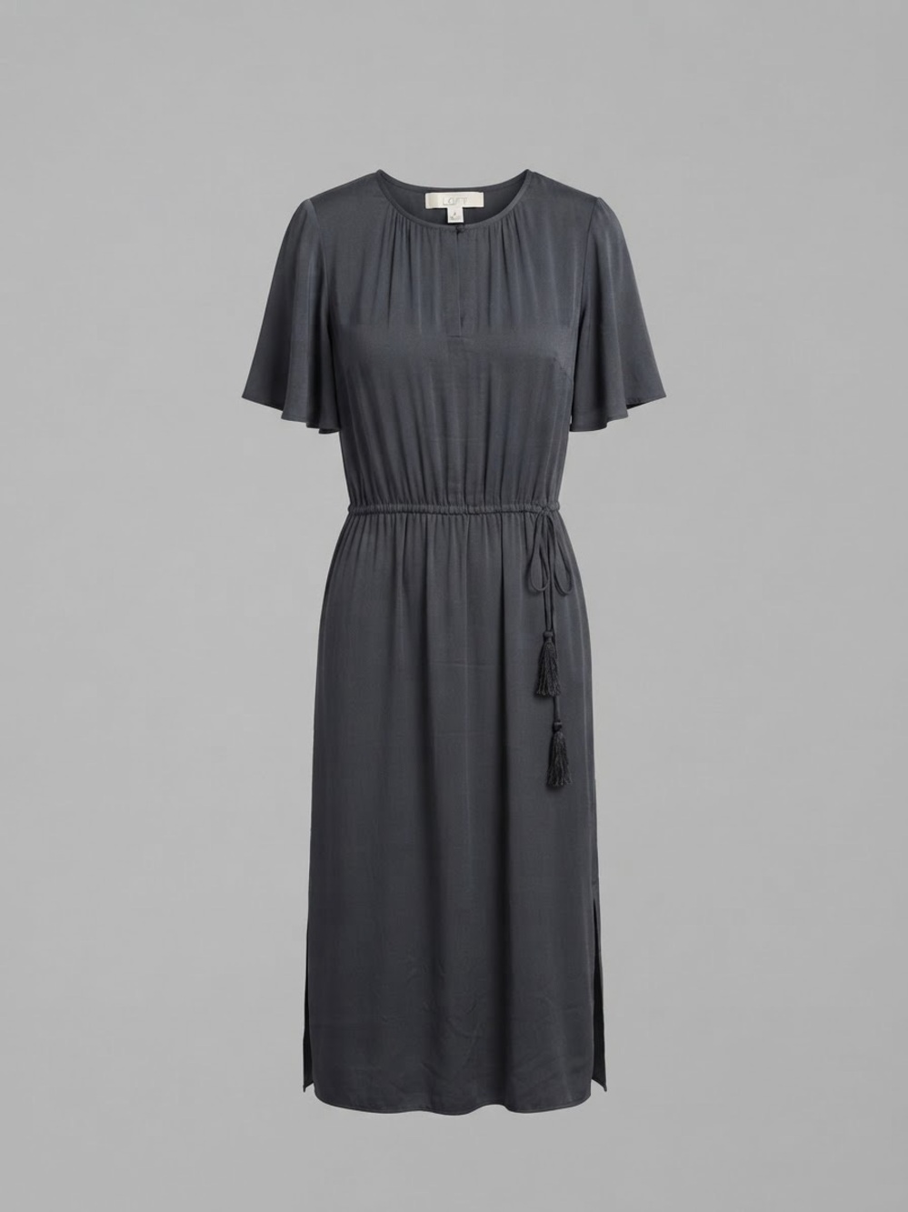 LOFT Charcoal Tie-Waist Midi Dress with Flutter Sleeves